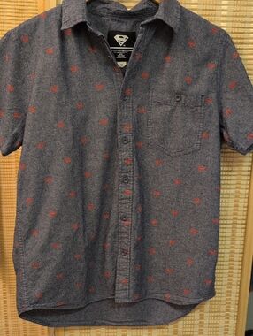 DC Comics Men's Chambray Button-Down Shirt with Red Superman Emblems